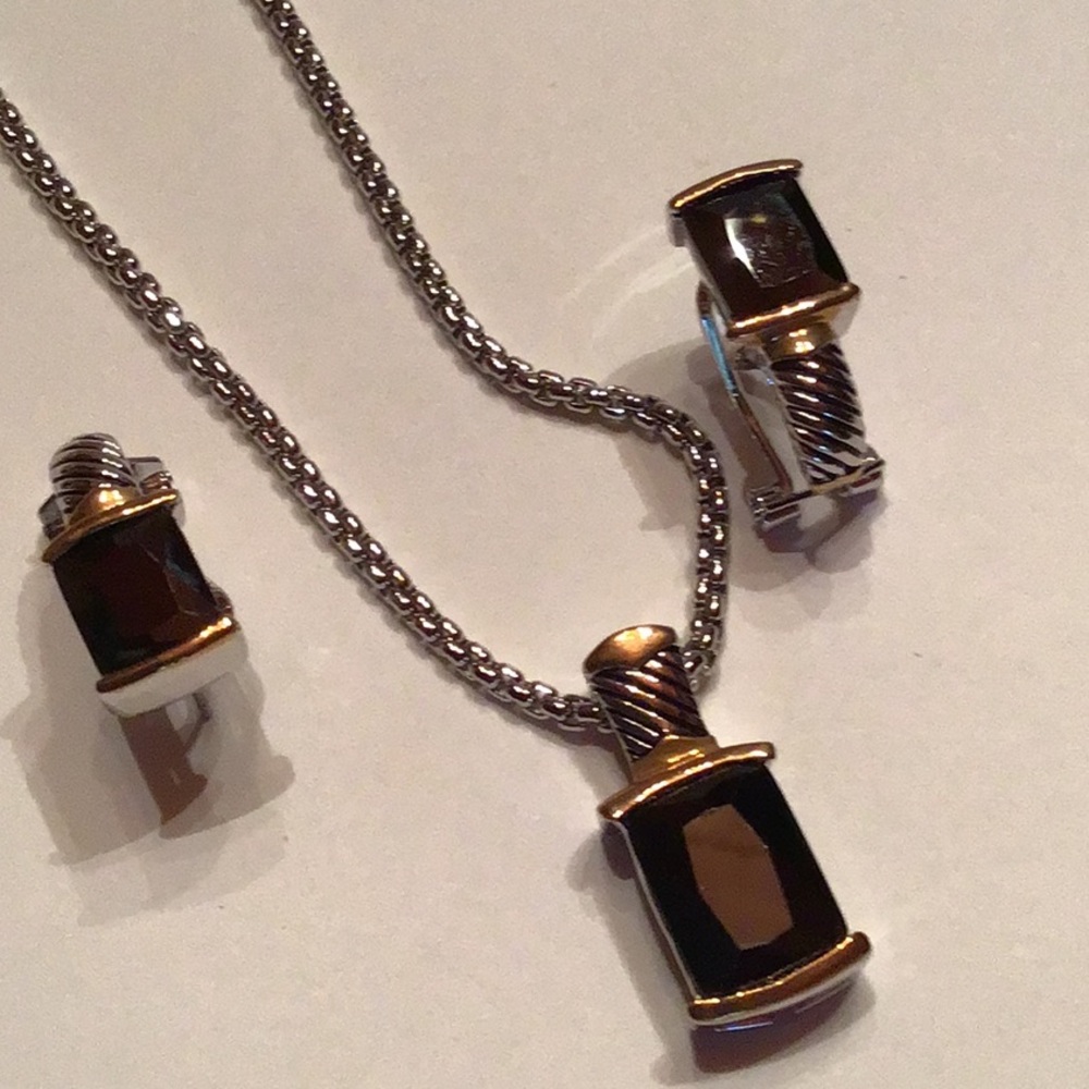 New Fashion Necklace/Post Earring Set, Silverw/goldtone accents, faceted black